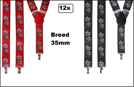 12x Mix Bretel Tiroler groen en rood met edelweissbloem - breed 35mm - Oktoberfest |Tirol |Apres ski |festival| themafeest |bretels| bierfeest