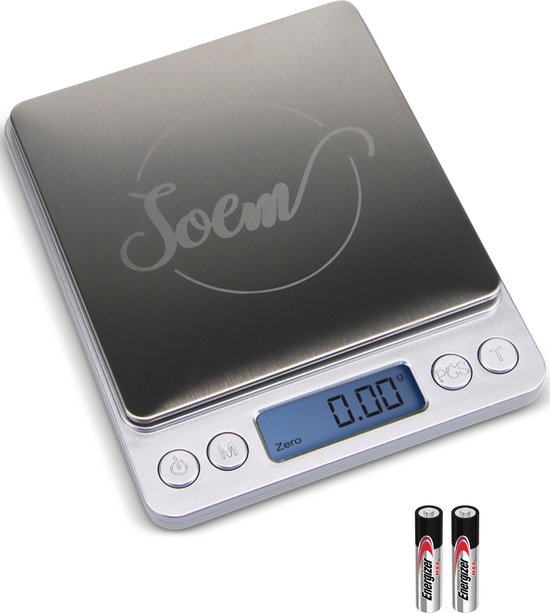 SOEM® Keukenweegschaal Digitaal met Weegbakjes – Compacte Precisie Weegschaal 0.1 gram – Koffie Weegschaal – RVS Weegschaal – Tarra functie