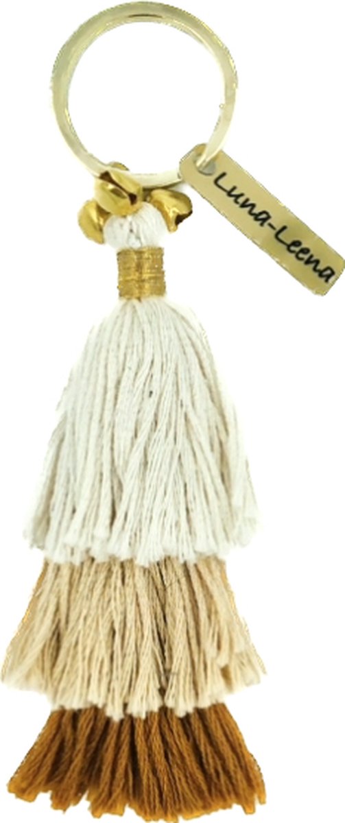 Luna-Leena duurzame kwasten sleutelhanger/ tas bedel van bio katoen - bruin - L14cm incl ring - handgemaakt in Nepal - kwast - keychain tassel - terra - kado - moederdag cadeau - boho - Ibiza - bohemian - bag charm