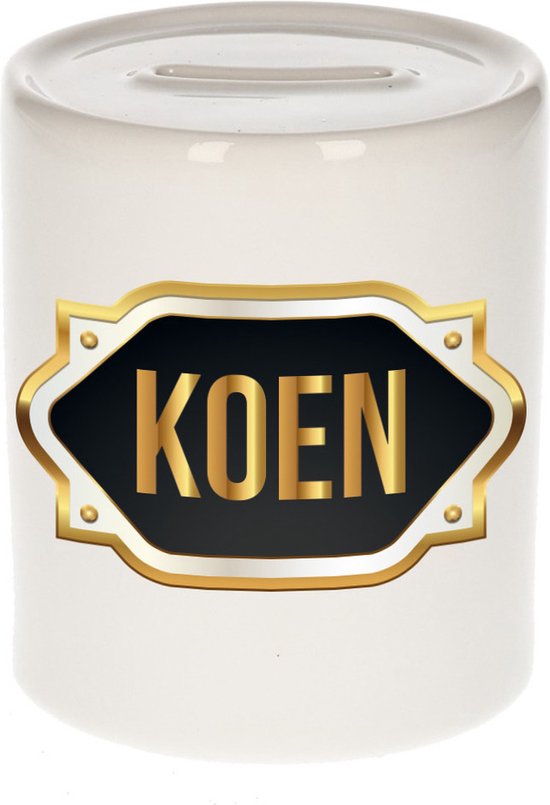 Tirelire cadeau naam Koen avec emblème doré - cadeau anniversaire / fête des pères / retraite / succès / merci