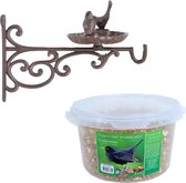Wand vogel voederbak/drinkbak met haak gietijzer 35 cm inclusief 4-seizoenen mueslimix vogelvoer - Vogel voederstation