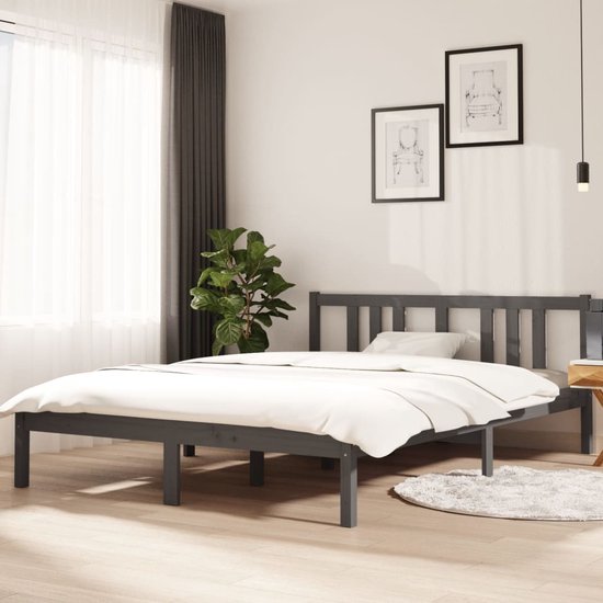 The Living Store Houten Bedframe - Grijs - 140 x 200 cm - Massief Grenenhout - Stabiel en Comfortabel