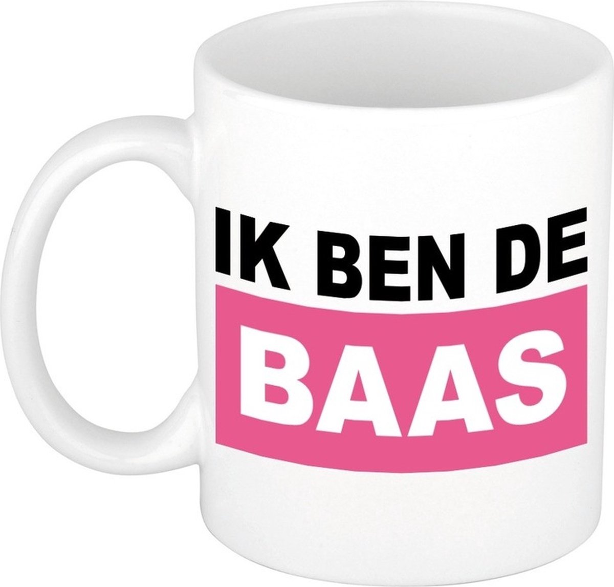 Bellatio Decorations Ik ben de baas koffiemok / drinkbeker - wit/roze - 300 ml - cadeau bazin