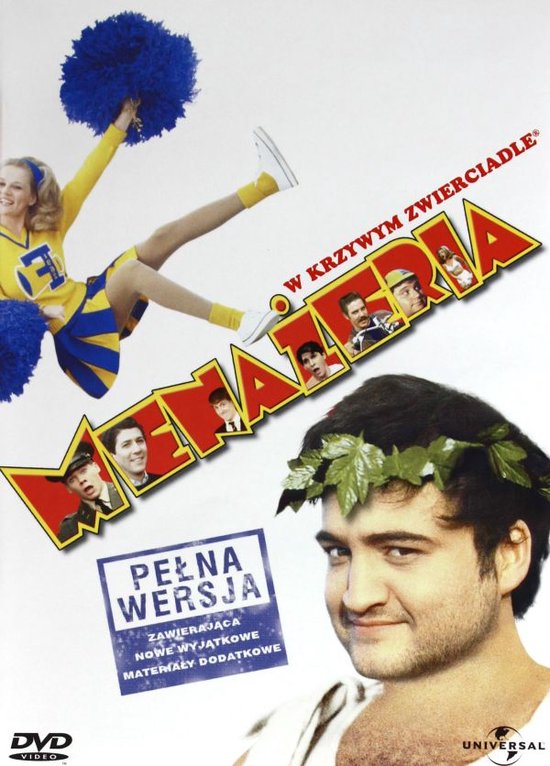 Une cheerleader avec des pompons bleus en l'air. Au premier plan, un homme avec une couronne de lauriers. Le titre 'Menadzeria' est proéminent.