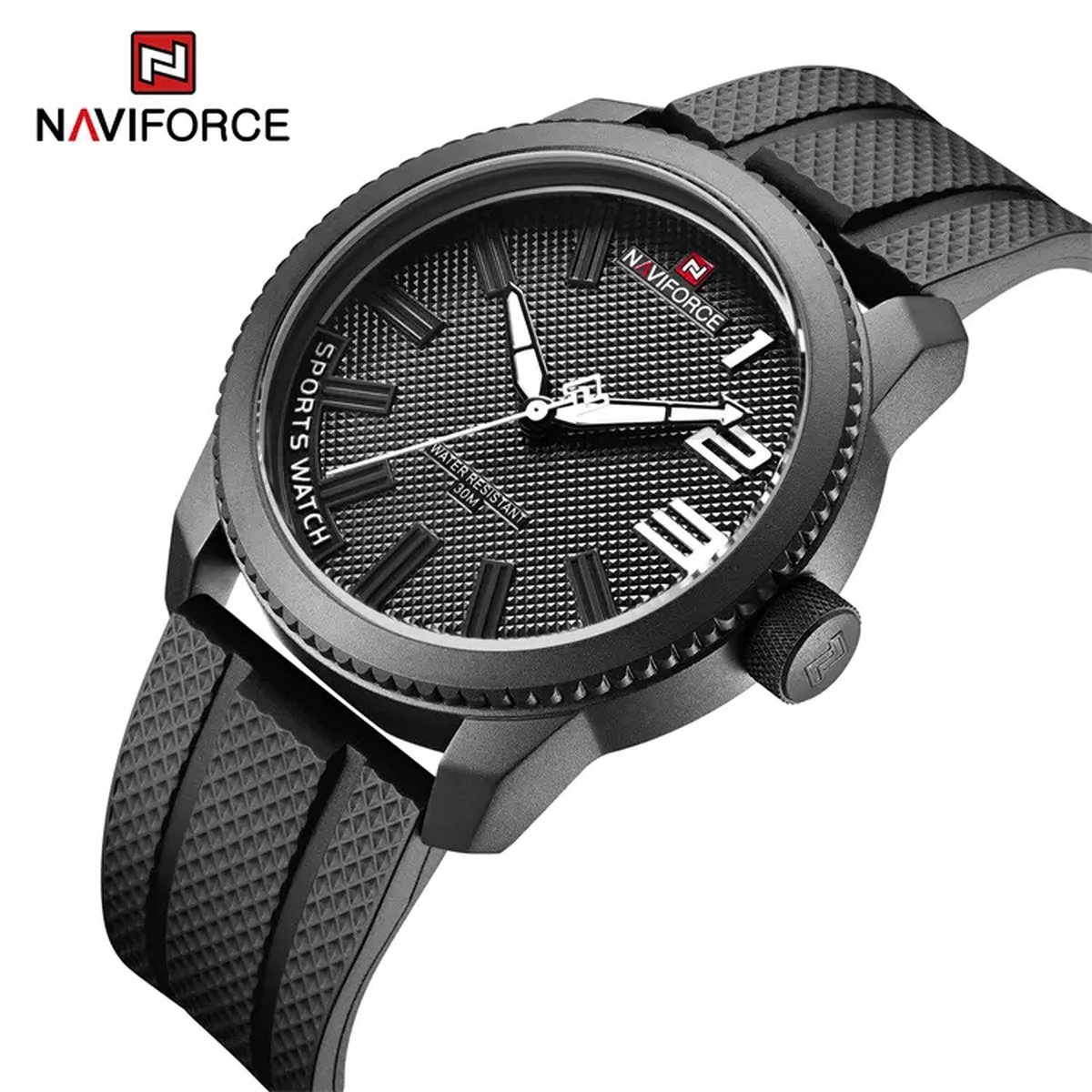 NAVIFORCE horloge voor mannen, met zwarte TPU polsband, zwarte uurwerkkast en wijzerplaat met witte wijzers ( model 9202T BWB ), verpakt in mooie geschenkdoos