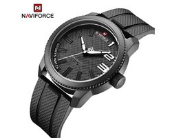 NAVIFORCE horloge voor mannen, met zwarte TPU polsband, zwarte uurwerkkast en wijzerplaat met witte wijzers ( model 9202T BWB )