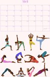 Kalender met 11 yoga poses in diverse kleuren sportkleding voor mei.