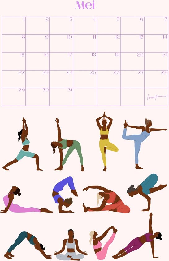 Kalender met 11 yoga poses in diverse kleuren sportkleding voor mei.