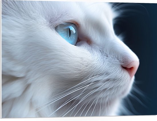 PVC Schuimplaat - Close-up van Opzijkijkende Witte Kat met Felblauwe Ogen - 80x60 cm Foto op PVC Schuimplaat (Met Ophangsysteem)