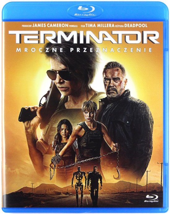 Voorzijde van een Blu-ray hoes met Linda Hamilton, Arnold Schwarzenegger, Mackenzie Davis, Natalia Reyes en twee robots, met een woestijnlandschap op de achtergrond. Titel in Pools.