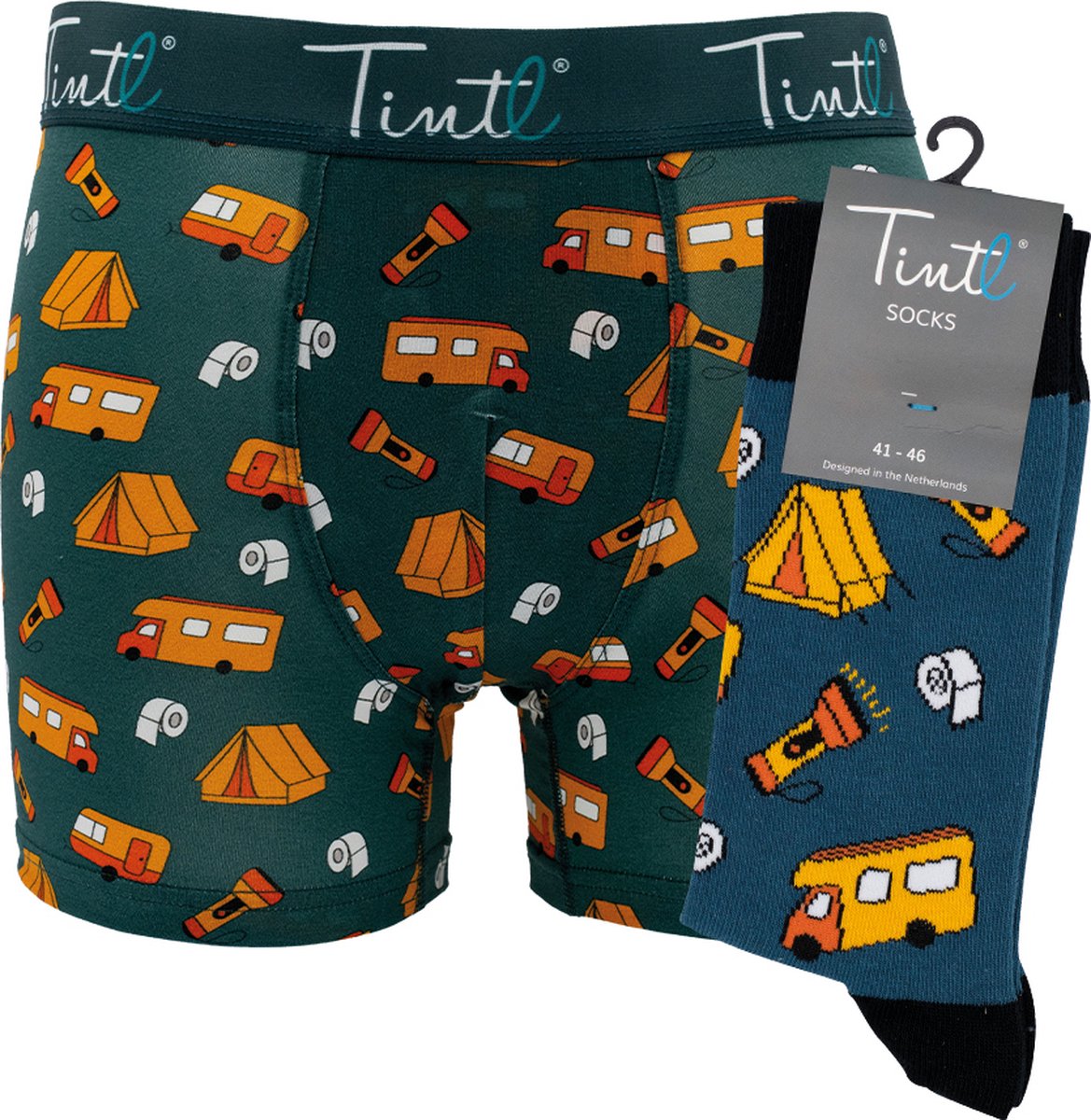 Tintl geschenkset boxershorts + sokken | Dutch - Camping life (maat L & 41-46)