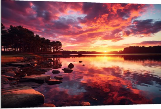 Dibond - Kleurrijke Zonsondergang bij Groot Meer - 120x80 cm Foto op Aluminium (Wanddecoratie van metaal)