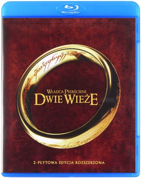 De voorkant van de Blu-ray van "The Lord of the Rings: The Two Towers" met de Ene Ring en de titel.