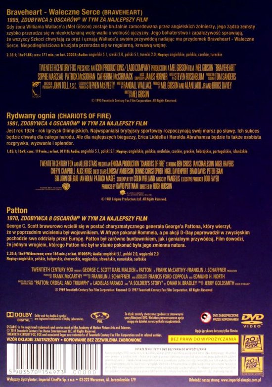 Braveheart: Waleczne serce / Rydwany ognia / Patton [BOX] [3DVD]