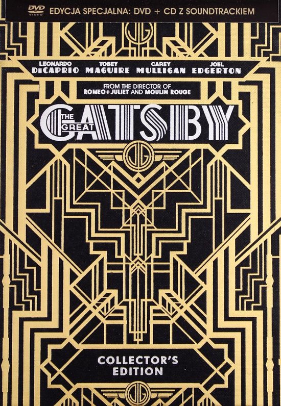 La jaquette de l'édition collector de The Great Gatsby est noire avec un motif art déco doré et le titre du film en lettres dorées.