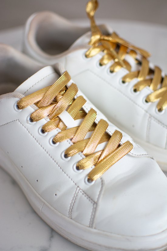 Schoenveters plat - goud glanzend - 120cm met gouden nestels veters voor wandelschoenen, werkschoenen en meer