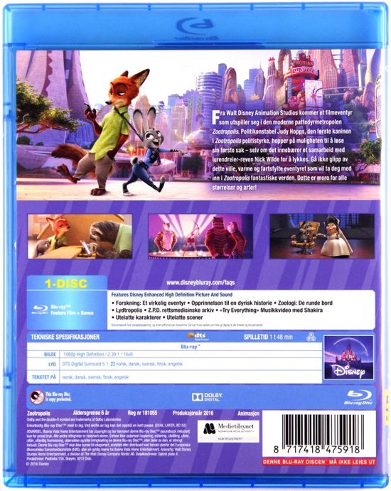 Achterkant Blu-ray disc van Zootropolis. Judy Hopps en Nick Wilde, in animatiestijl, staan centraal in de stedelijke omgeving.
