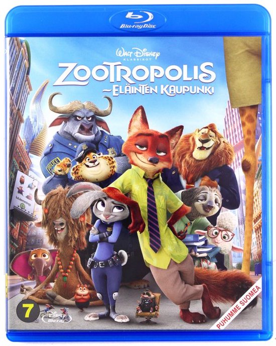 Voorkant van de Zootropolis Blu-ray hoes met een groep antropomorfe dieren in een stadsomgeving.