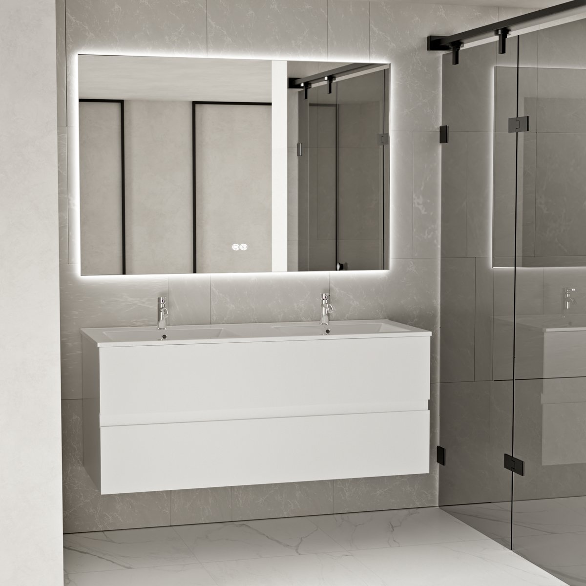 Vestland - 120 CM Witte Badkamermeubel met wastafel en 120 x 80 CM Rechthoekige LED Badkamerspiegel - Complete Badkamermeubelset