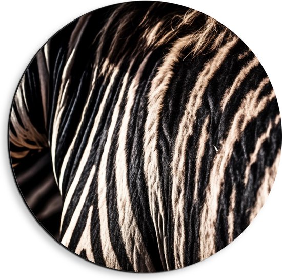 Dibond Muurcirkel - Close-up van Strepen van een Zebra - 40x40 cm Foto op Aluminium Muurcirkel (met ophangsysteem)