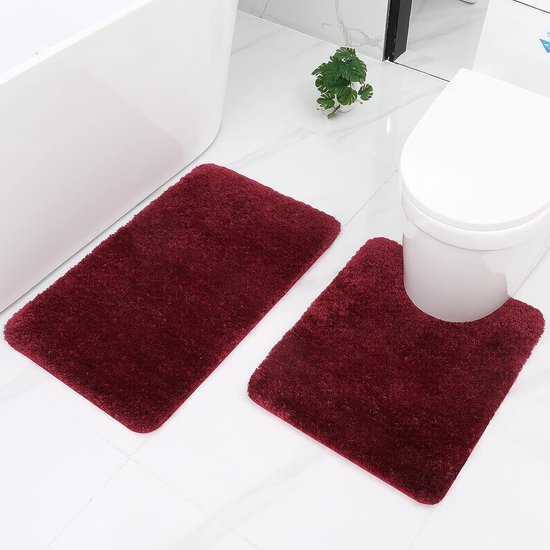 Badkamertapijtset 2-delige wc-mat met uitsparing, set badmatten, antislip, wasbaar, hoogpolig, microvezel, badmatset - 50 x 60 cm + 50 x 80 cm, wijnrood