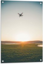 Tuinposter – Drone Vliegend boven Grasveld aan het Water bij Zonsondergang - 60x90 cm Foto op Tuinposter (wanddecoratie voor buiten en binnen)