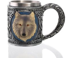 3D Wolf Mok, roestvrij staal, wolf koffiemok, middeleeuwse hars drinkware-beker, voor thee, bier, rum, koffie, Vaderdaggeschenken, decoratie, 450 ml