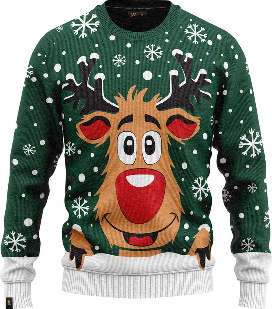 JAP Christmas Kersttrui voor kinderen (maat 134/140) - 100% Gerecycled - Kriebelt niet - Kerstcadeau - Foute Kersttrui jongens en meisjes (9/10 jaar) - Rudolf het Rendier - Groen