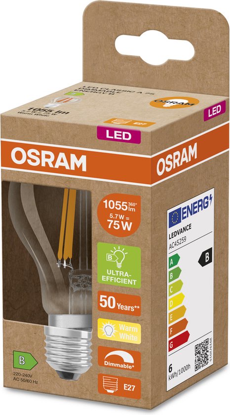 OSRAM 4099854065354 LED-lamp Energielabel B (A - G) E27 Ballon 5.7 W = 75 W Warmwit (Ø x h) 60 mm x 60 mm Dimbaar 1 stuk(s)