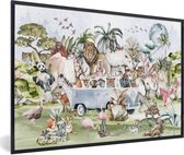 Poster in fotolijst kinderen - Jungle - Bus - Dieren - Kinderen - Planten - Schilderij voor kinderen - Wanddecoratie meisjes - 90x60 cm - Poster kinderkamer - Kinder decoratie