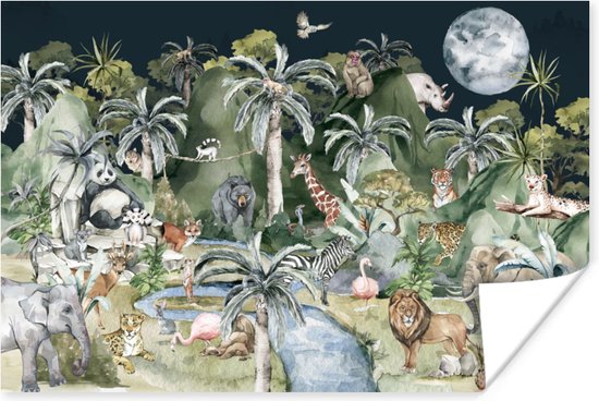 Poster kinderen - Kinderen - Jungle - Natuur - Dieren - Planten - Waterverf - Schilderij voor kinderen - Muurdecoratie kinderkamer - 90x60 cm - Kinder decoratie