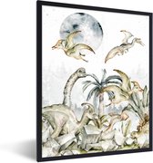 Poster in fotolijst kind - Dinosaurus - Kinderen - Jungle - Groen - Dieren - Natuur - Wanddecoratie jongens - Poster Dinosaurus - 60x80 cm - Schilderij voor kinderen