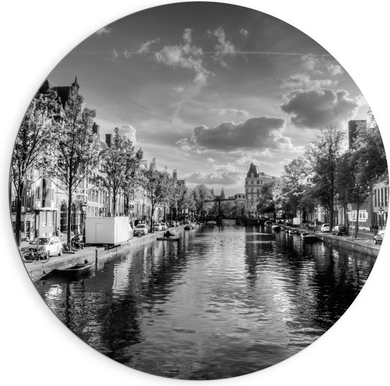 Dibond Muurcirkel - Uitzicht over de Grachten van Amsterdam (Zwart-wit) - 90x90 cm Foto op Aluminium Muurcirkel (met ophangsysteem)