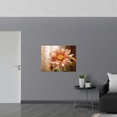 Poster Glanzend – Licht Roze Chrysanten Bloem met Doorschijnende Gordijnen als Achtergrond - 100x75 cm Foto op Posterpapier met Glanzende Afwerking