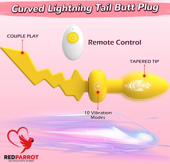 Gele buttplug vibrator met gebogen bliksemstaart en afstandsbediening.