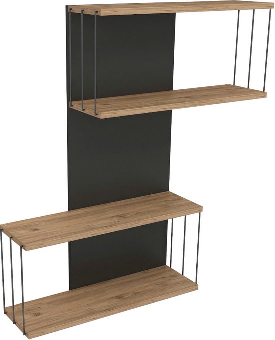 Drielaagse wandplank met houten legplanken en antraciet achterpaneel, verbonden door metalen stangen.