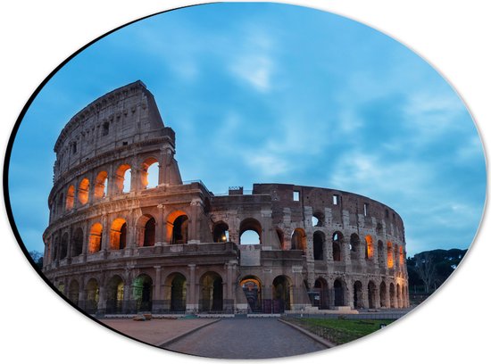 Dibond Ovaal - Zonsondergang achter Colesseum in Rome, Italië - 28x21 cm Foto op Ovaal (Met Ophangsysteem)