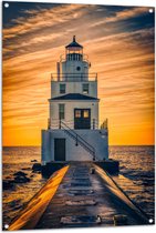 Tuinposter – Vuurtoren bij de Zee met Zonsondergang - 80x120 cm Foto op Tuinposter (wanddecoratie voor buiten en binnen)