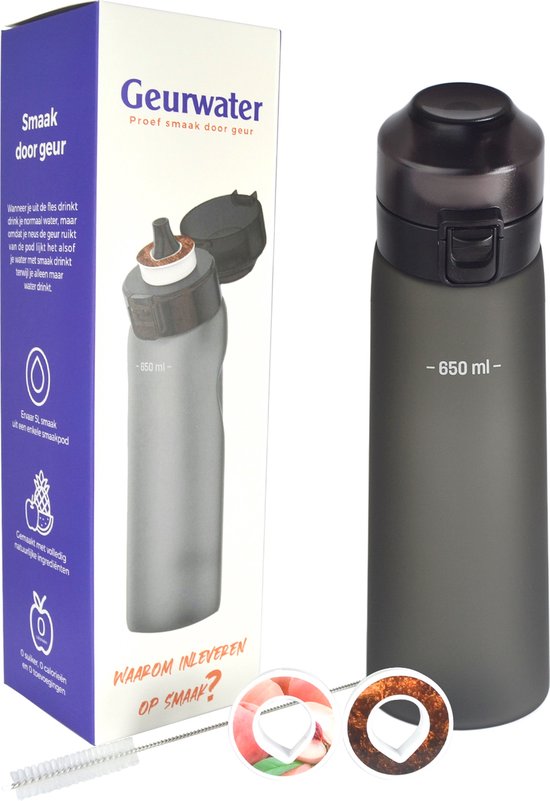 Geurwater Drinkfles- Waterfles Starterskit Air - Zwart 650ML - Hydraterende drinkfles - Inclusief 2 pods perzik/cola - Met Schoonmaakborstel - Up drinkfles - BPA vrij