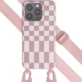 Selencia Hoesje Geschikt voor iPhone 15 Pro Hoesje Met Koord - Selencia Siliconen design hoesje met afneembaar koord - Roze / Irregular Check Sand Pink