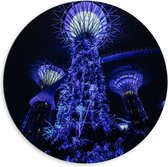 Dibond Muurcirkel - Bomen - Planten - Toren - Paars - Blauw - 60x60 cm Foto op Aluminium Muurcirkel (met ophangsysteem)