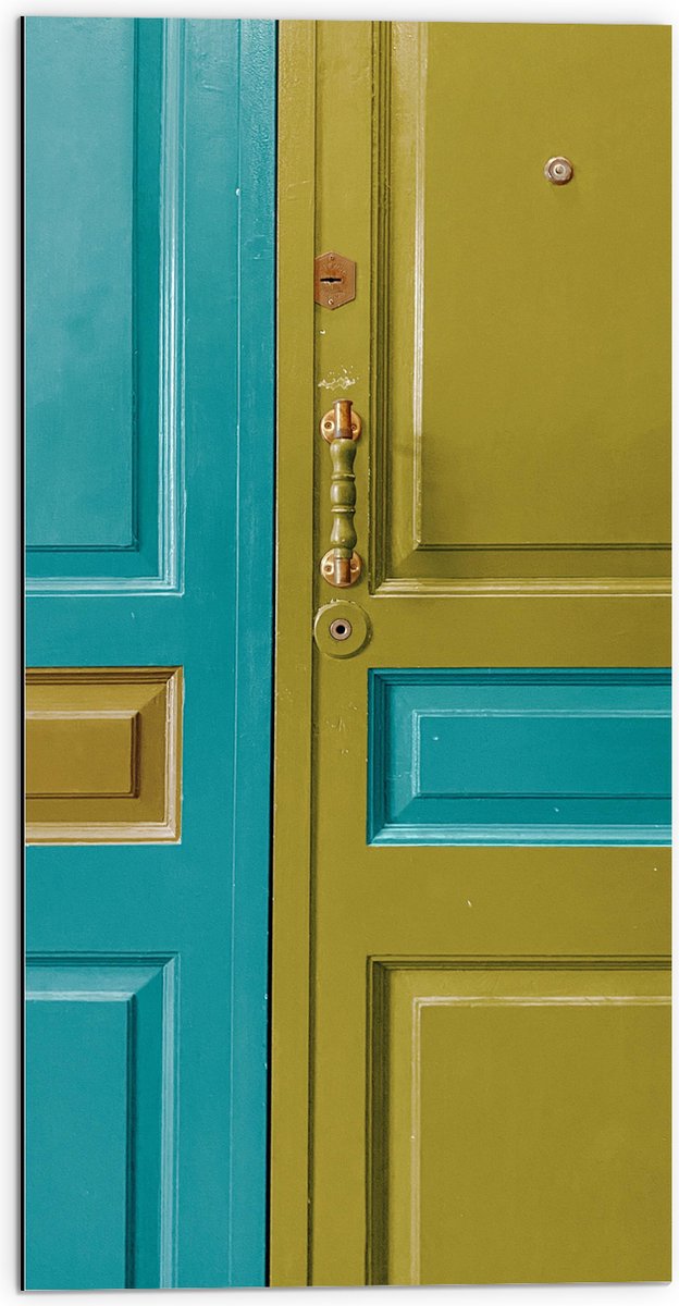 Dibond - Deur - Deurklink - Groen - Blauw - 50x100 cm Foto op Aluminium (Met Ophangsysteem