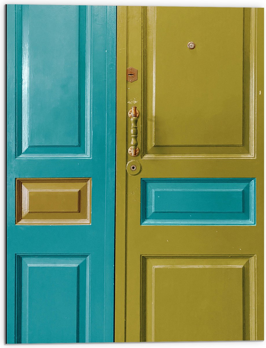 Dibond - Deur - Deurklink - Groen - Blauw - 60x80 cm Foto op Aluminium (Met Ophangsysteem)