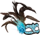 Venetiaans oogmasker - blauw - met veren - bal masqué