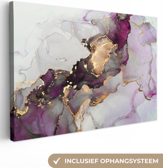 Canvas Schilderij Marmer - Abstract - Goud - Paars - 30x20 cm - Wanddecoratie