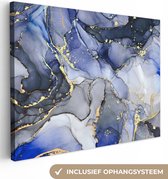 Canvas Schilderij Marmer - Goud - Abstract - Blauw - 120x90 cm - Wanddecoratie