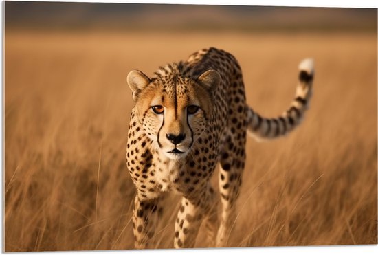 Acrylglas - Zuid Afrikaanse Cheetah loopt door gras heen - 90x60 cm Foto op Acrylglas (Wanddecoratie op Acrylaat)