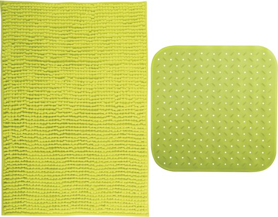 MSV Douche anti-slip mat en droogloop mat - Sevilla badkamer set - rubber/microvezel - limegroen