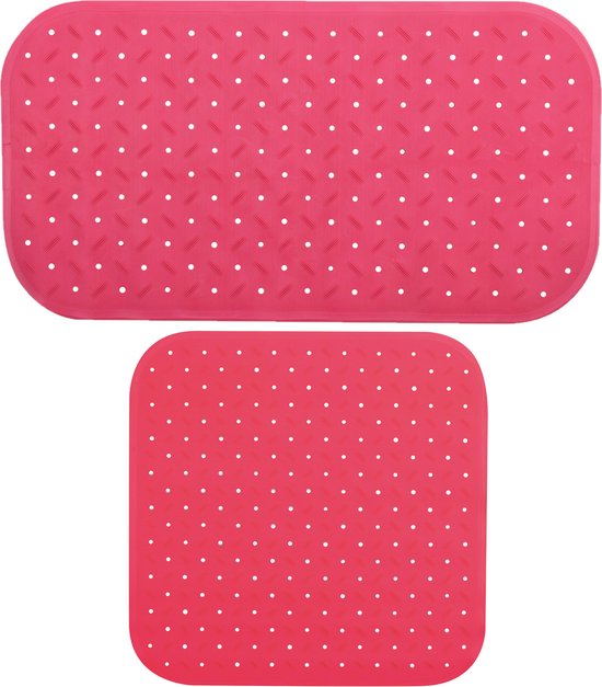 MSV Douche/bad anti-slip matten set badkamer - rubber - 2x stuks - fuchsia roze - 2 formaten