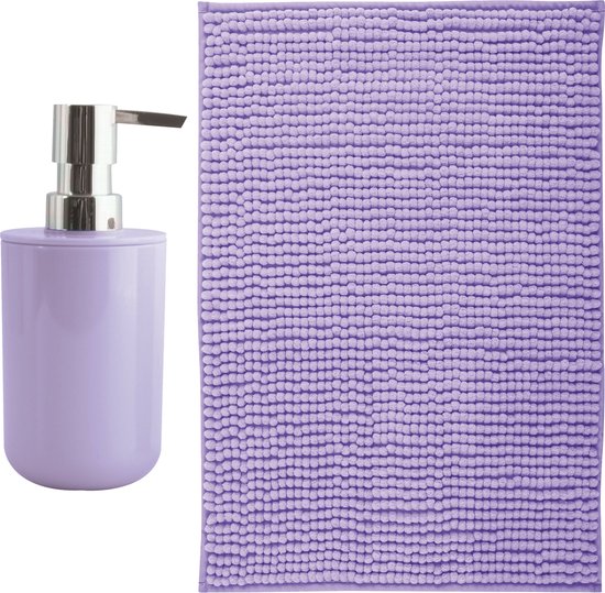 MSV badkamer droogloop mat - Milano - 40 x 60 cm - met bijpassende kleur zeeppompje - lila paars